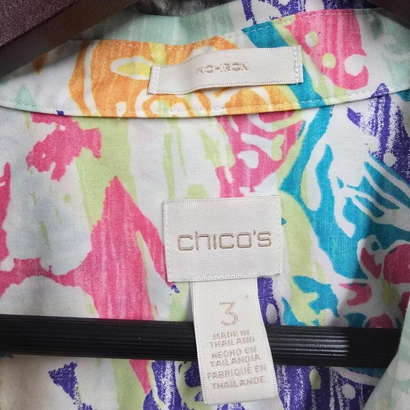 Chicos Shirt Women 3 XL Colorful Button Up 3/4 Sleeve‎ Tie Flowers Beach Artsy - Picture 5 of 11